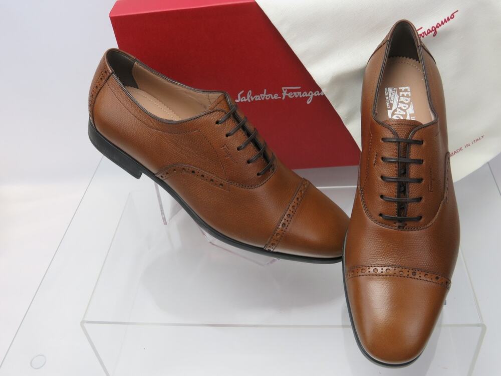 NIB SALVATORE FERRAGAMO RILEY BROWN BROGUE LEATHER LOGO OXFORDS 10 E